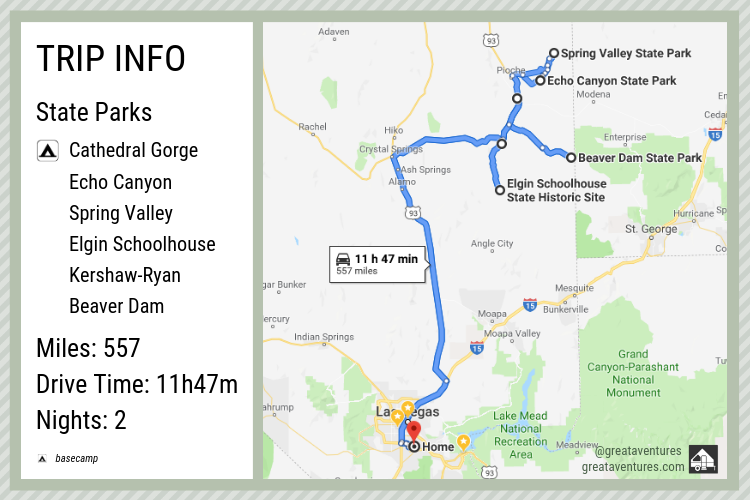 Map of route from Las Vegas through Cathedral Gorge, Echo Canyon, Spring Valley, Elgin Schoolhouse, Kershaw-Ryan, Beaver Dam. Miles travelled: 737 Hours: 13 hours 50 minutes Nights: 2