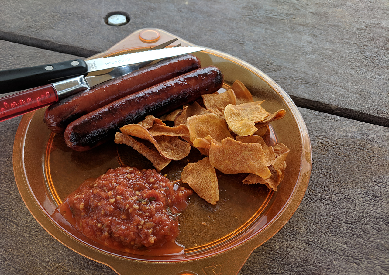 Hot dogs, sweet potatoes, and salsa for lunch