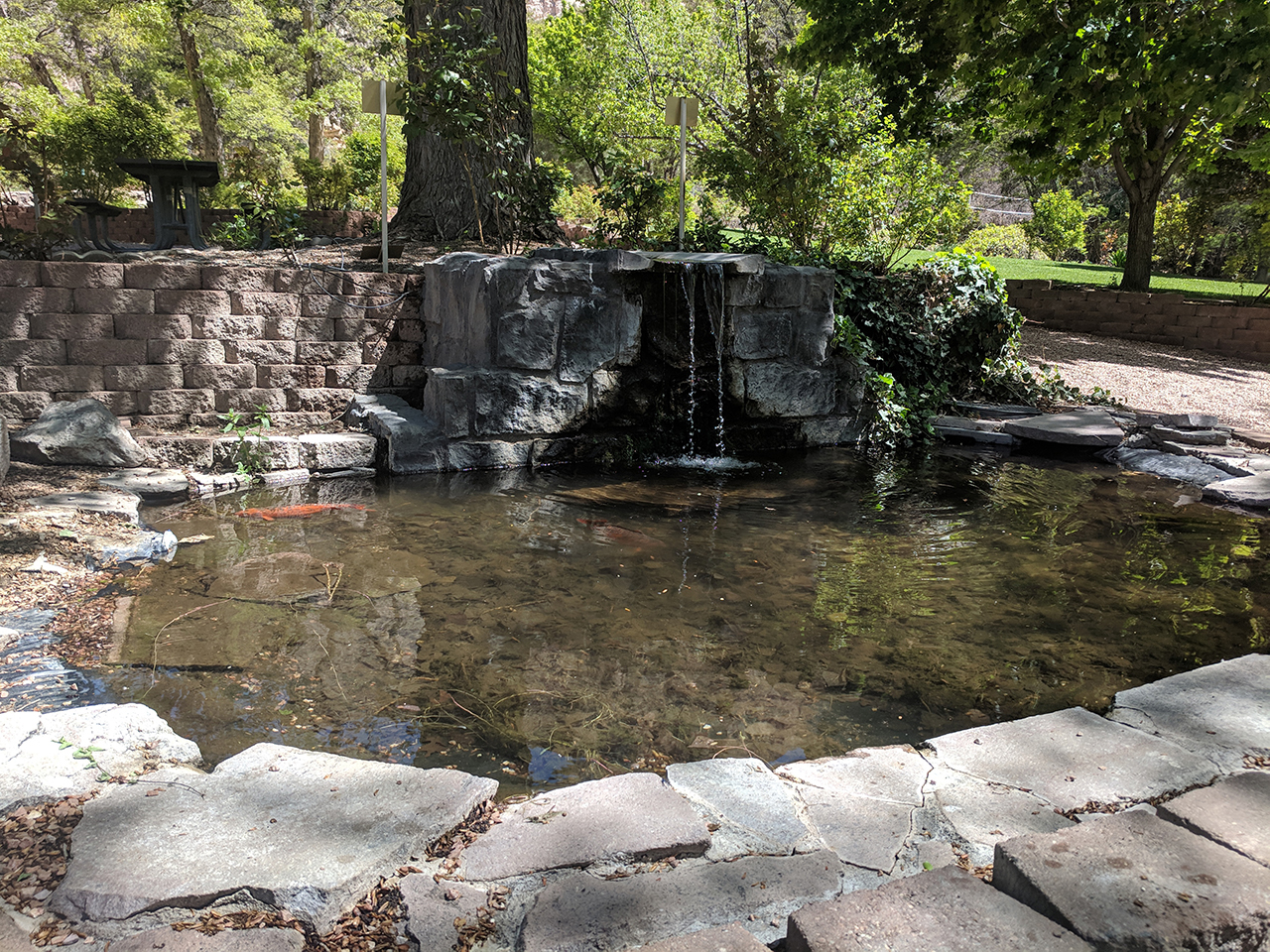 Stone koi pond with fountain